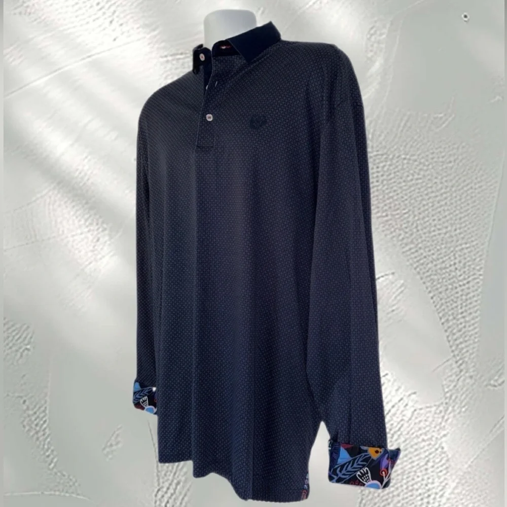 Au Noir 2XL Mercerised Cotton Shirt – Navy Geometric Button-Up w/ Contrast Trim
